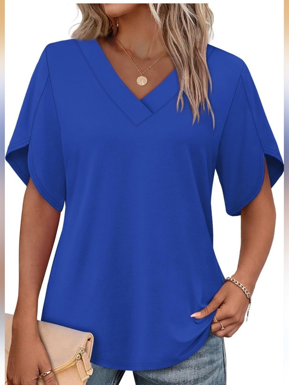 Women's V-Neck Short Sleeve Top - Royal Blue